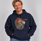 Man wearing the Navy Turkey Boop Thanksgiving Hoodie with jeans