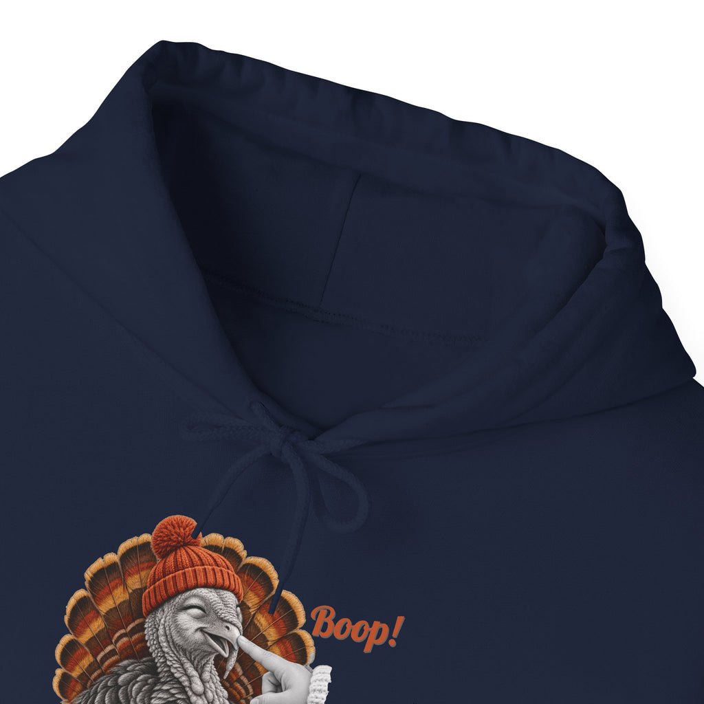 Turkey Boop Thanksgiving Hoodie, front collar close-up