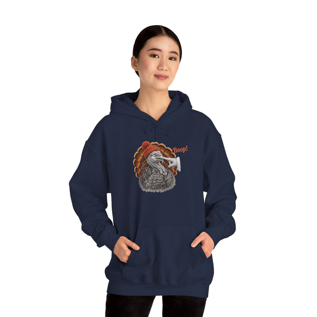 Model wearing the navy Turkey Boop Thanksgiving Hoodie