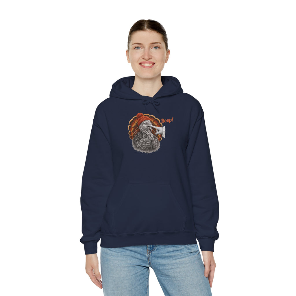 Model wearing the navy Turkey Boop Thanksgiving Hoodie