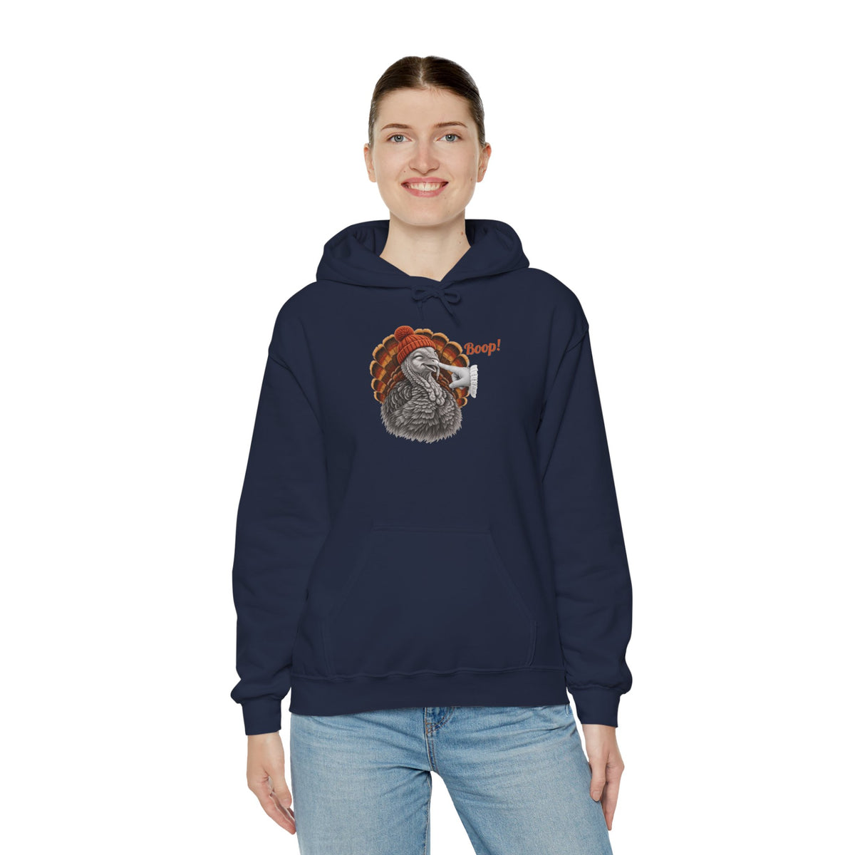 Model wearing the navy Turkey Boop Thanksgiving Hoodie
