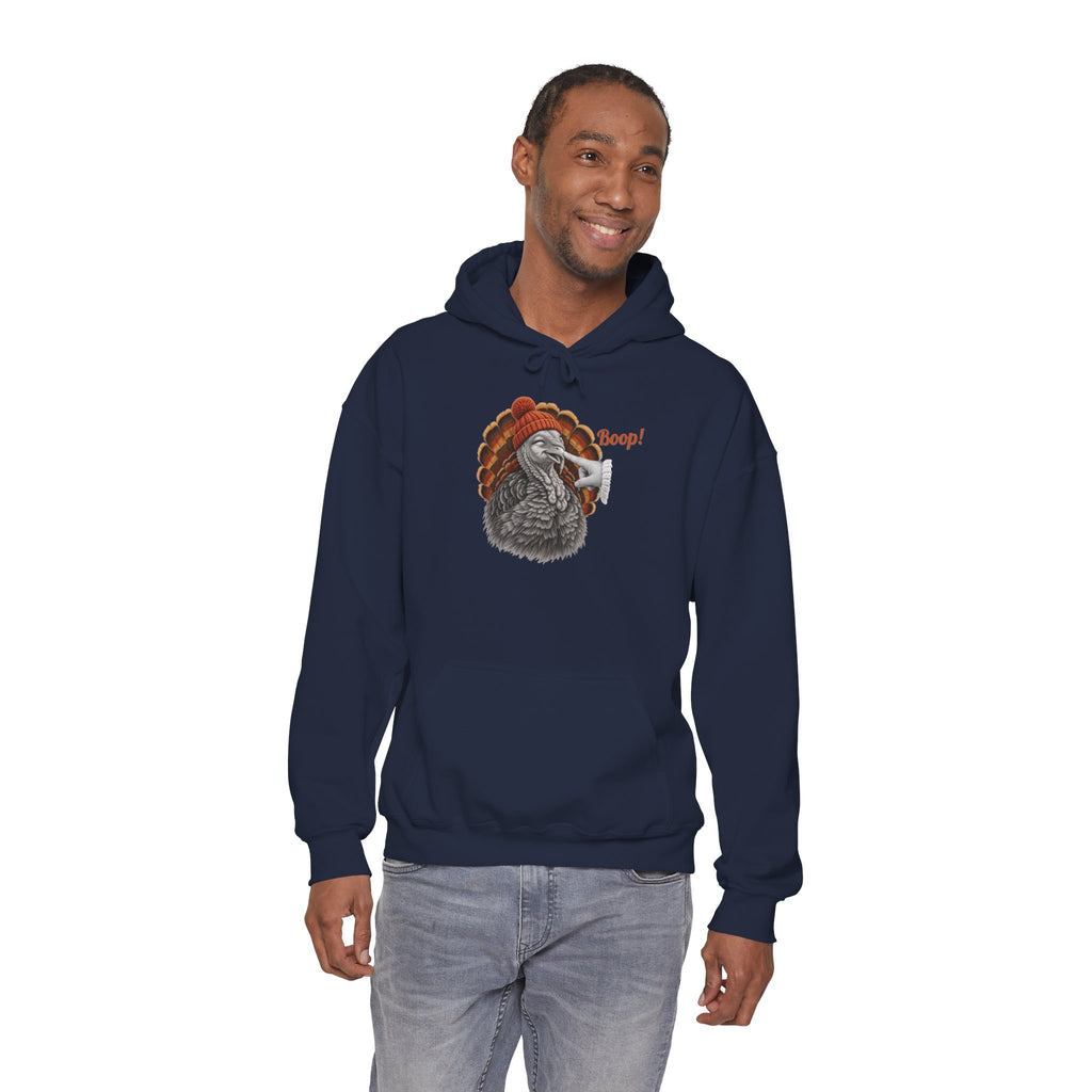Model wearing the navy Turkey Boop Thanksgiving Hoodie