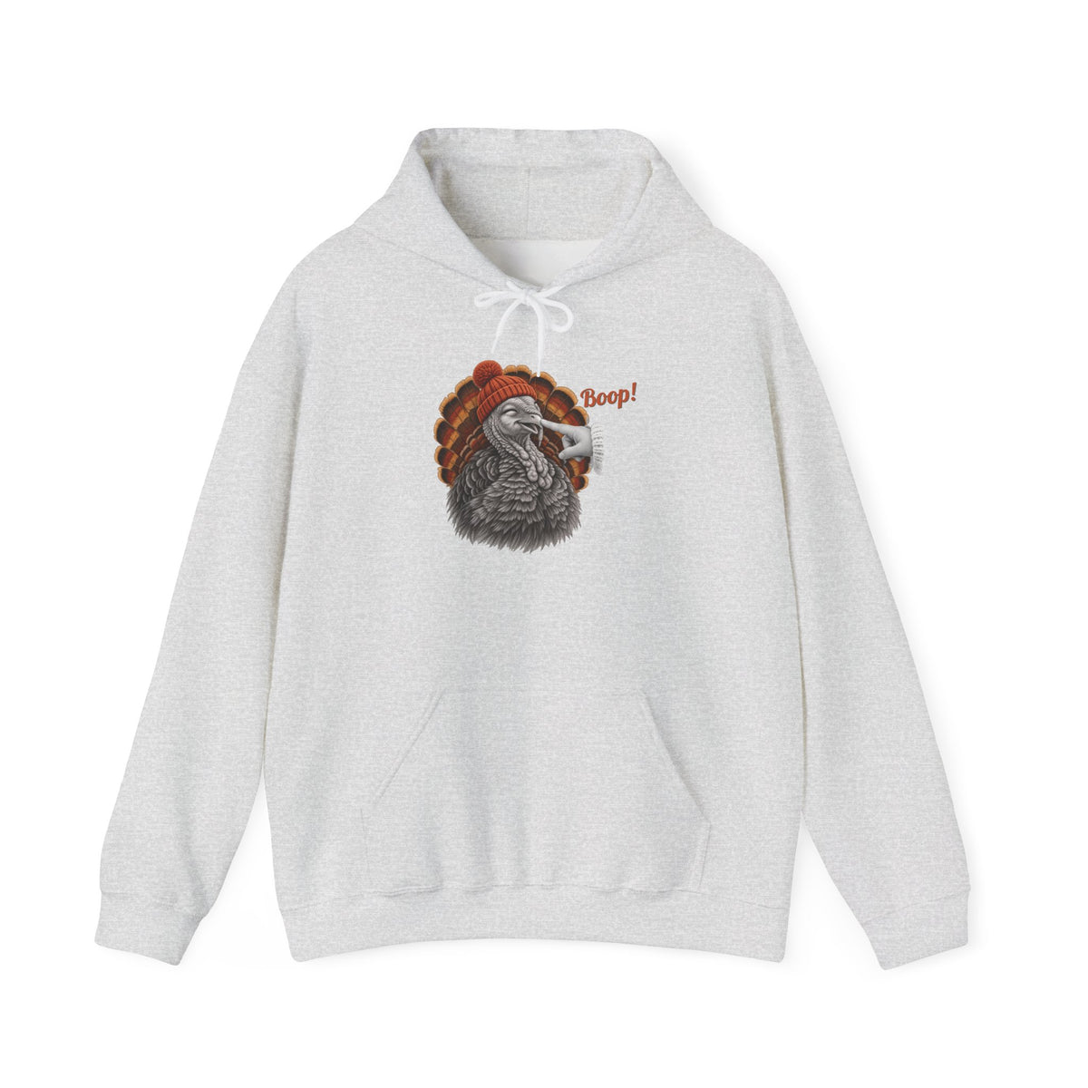Ash Turkey Boop Thanksgiving hoodie with a smiling turkey in an orange knit beanie getting a boop on the beak, front view