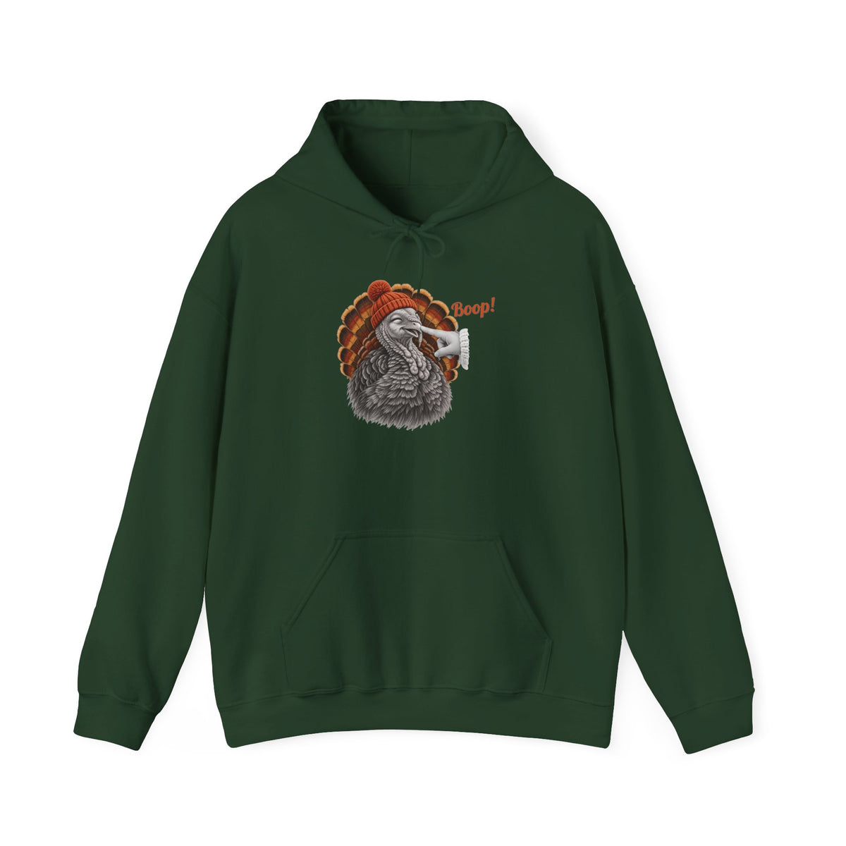 Forest Green Turkey Boop Thanksgiving hoodie with a smiling turkey in an orange knit beanie getting a boop on the beak, front view