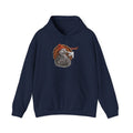 Navy Turkey Boop Thanksgiving hoodie with a smiling turkey in an orange knit beanie getting a boop on the beak, front view