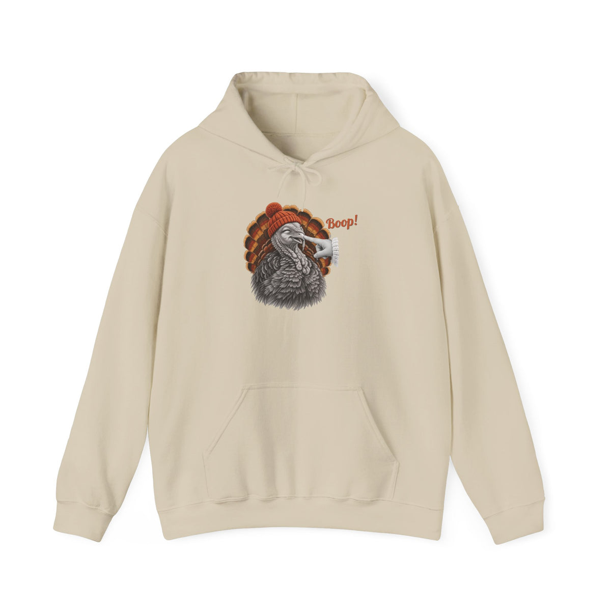 Sand Turkey Boop Thanksgiving hoodie with a smiling turkey in an orange knit beanie getting a boop on the beak, front view