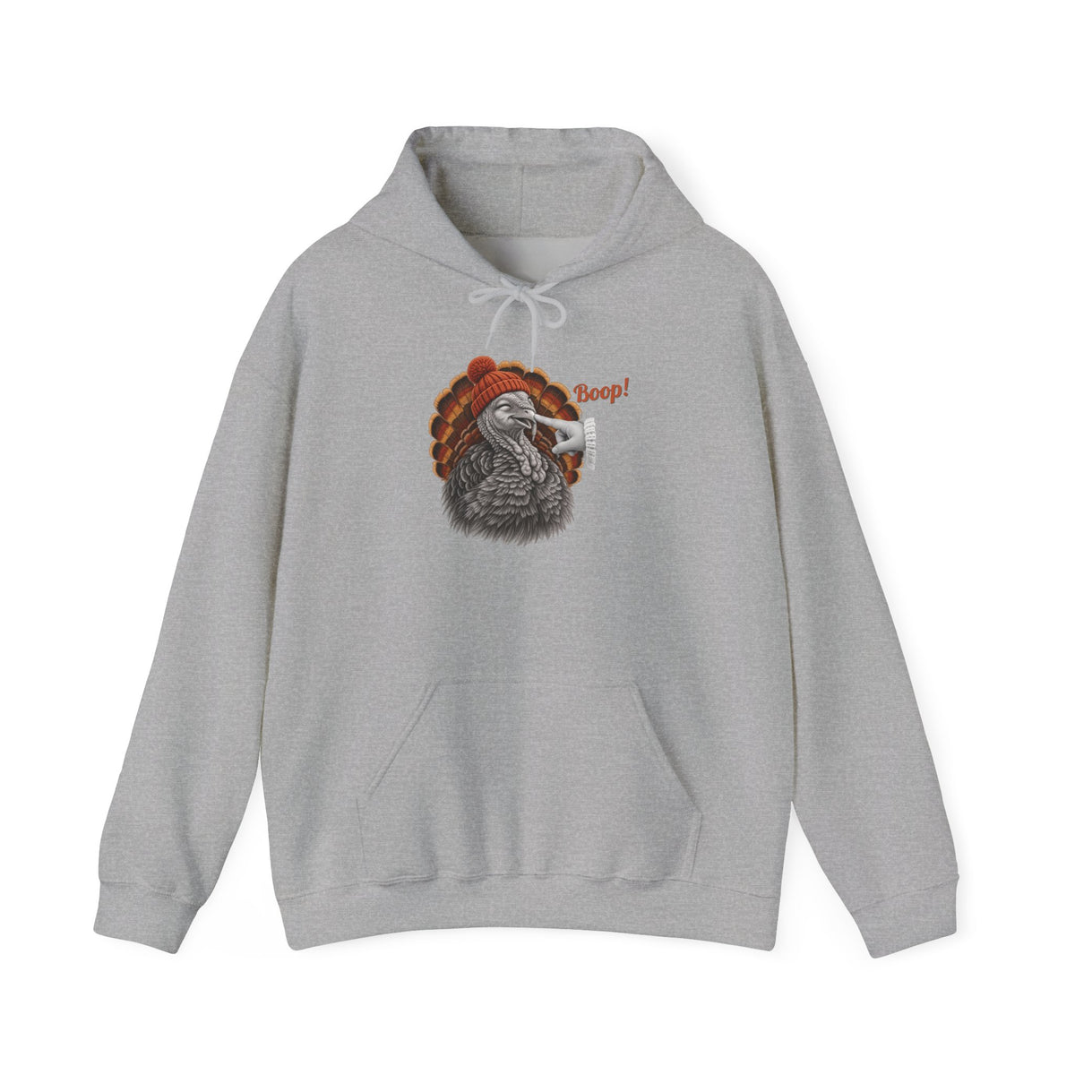 Sport Grey Turkey Boop Thanksgiving hoodie with a smiling turkey in an orange knit beanie getting a boop on the beak, front view