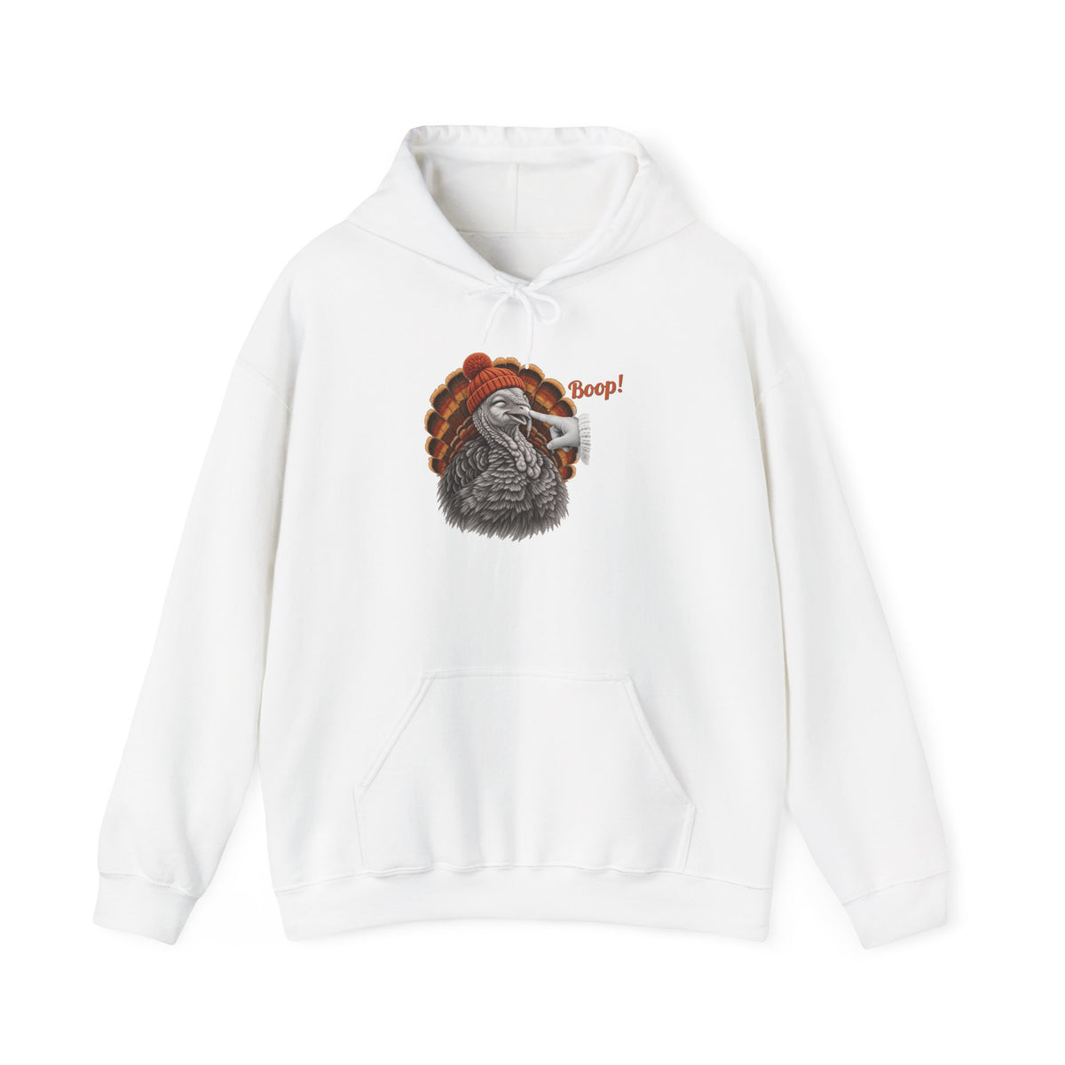 White Turkey Boop Thanksgiving hoodie with a smiling turkey in an orange knit beanie getting a boop on the beak, front view