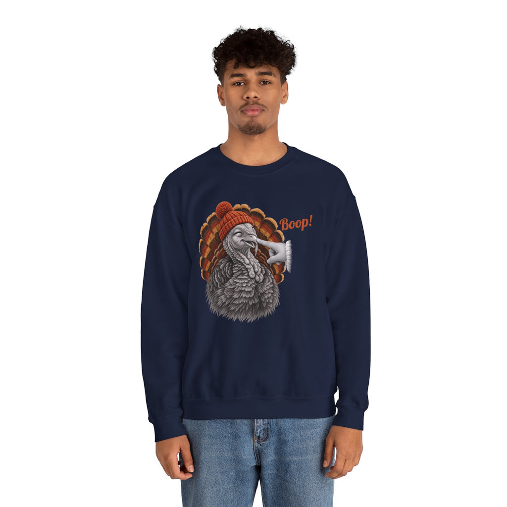 Model wearing the navy Turkey Boop Thanksgiving Sweatshirt