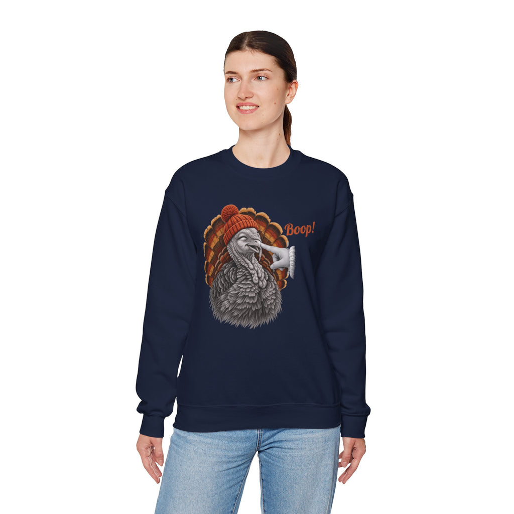 Model wearing the navy Turkey Boop Thanksgiving Sweatshirt