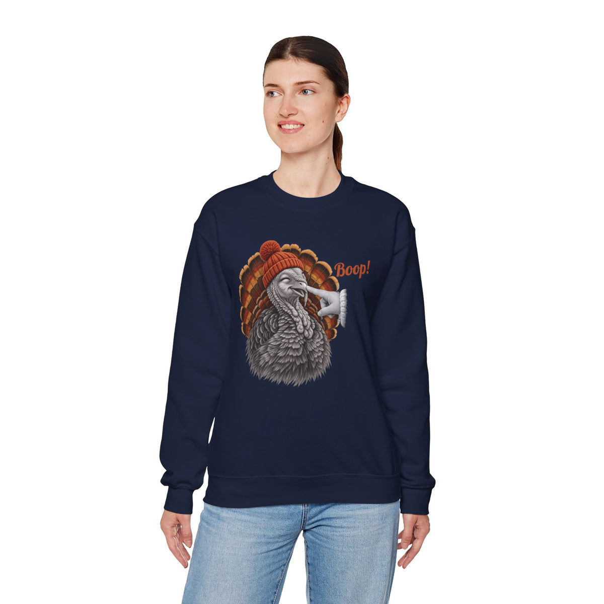 Model wearing the navy Turkey Boop Thanksgiving Sweatshirt