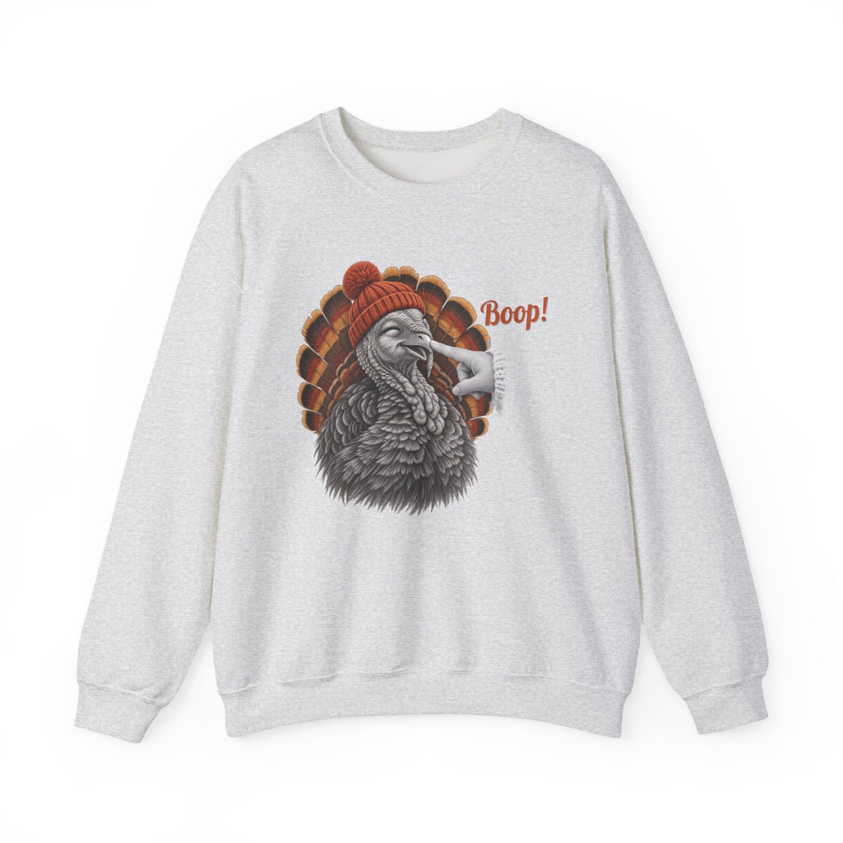 Ash Turkey Boop Thanksgiving sweatshirt with a smiling turkey in an orange knit beanie getting a boop on the beak, front view