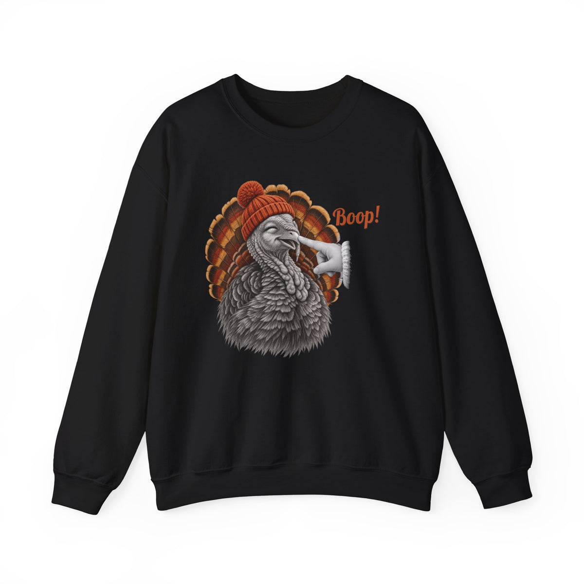 Black Turkey Boop Thanksgiving sweatshirt with a smiling turkey in an orange knit beanie getting a boop on the beak, front view