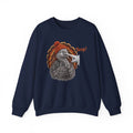 Navy Turkey Boop Thanksgiving sweatshirt with a smiling turkey in an orange knit beanie getting a boop on the beak, front view