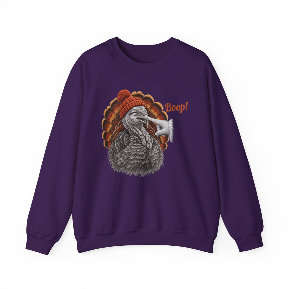Purple Turkey Boop Thanksgiving sweatshirt with a smiling turkey in an orange knit beanie getting a boop on the beak, front view