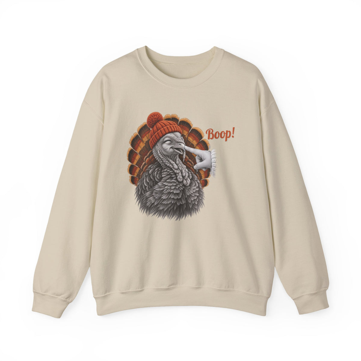Sand Turkey Boop Thanksgiving sweatshirt with a smiling turkey in an orange knit beanie getting a boop on the beak, front view
