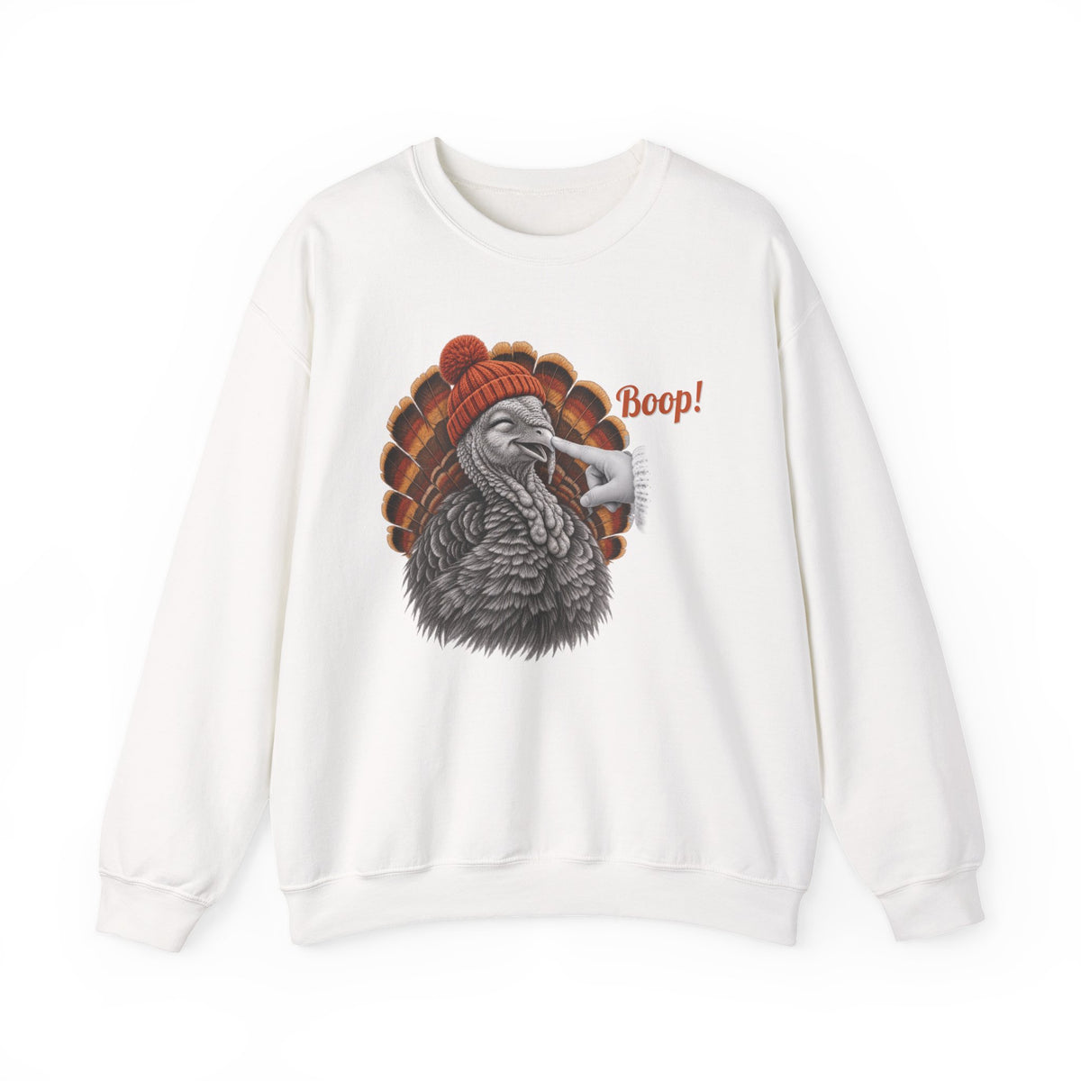 White Turkey Boop Thanksgiving sweatshirt with a smiling turkey in an orange knit beanie getting a boop on the beak, front view