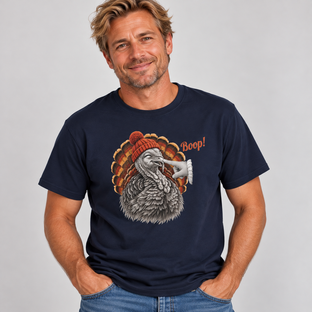 Man wearing the Navy Turkey Boop Thanksgiving T-Shirt with jeans