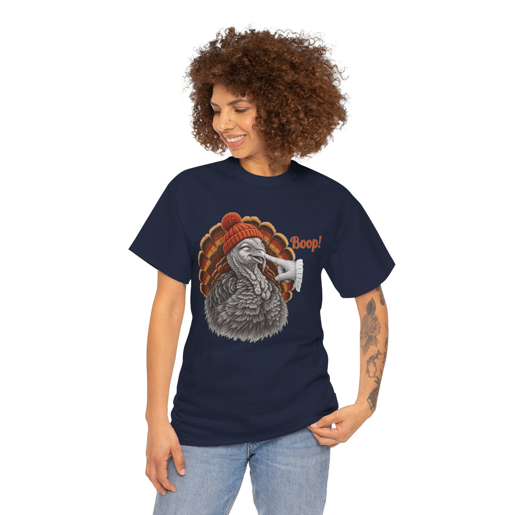 Model wearing the navy Turkey Boop Thanksgiving T-Shirt