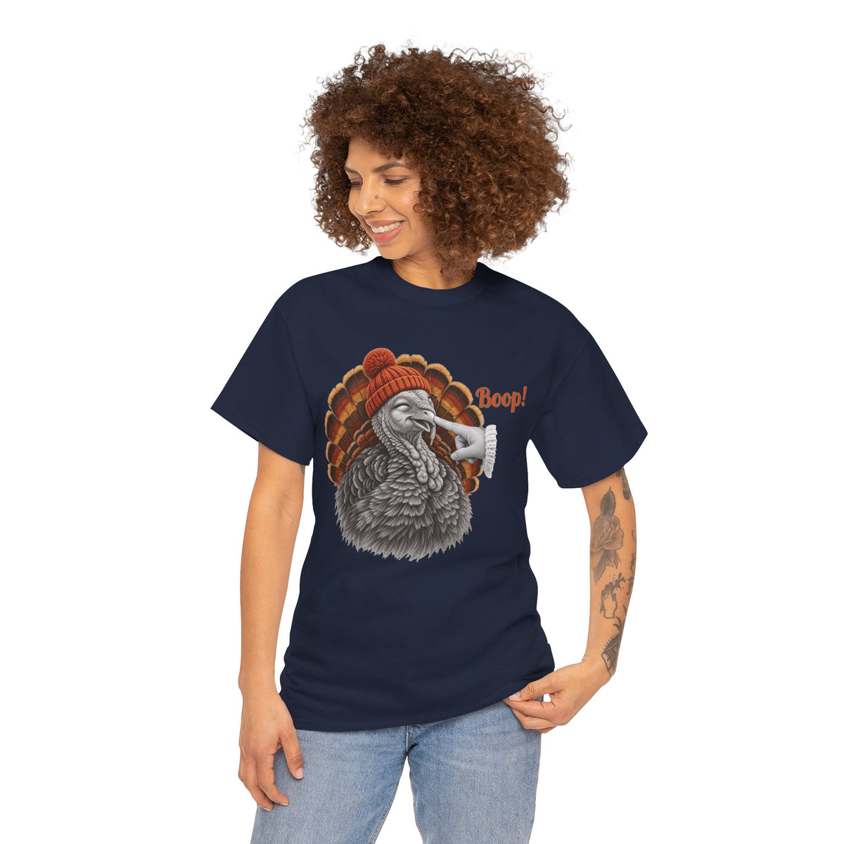 Model wearing the navy Turkey Boop Thanksgiving T-Shirt