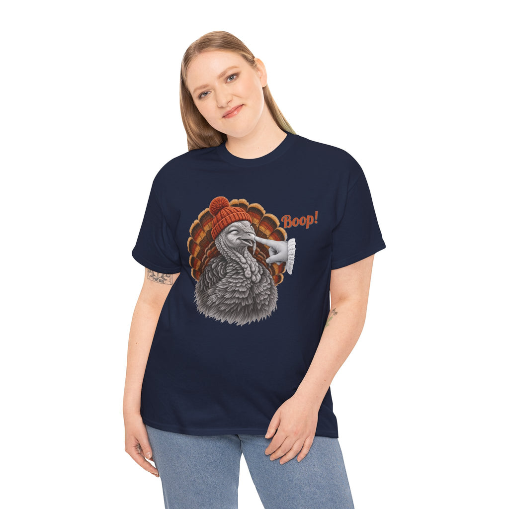 Model wearing the navy Turkey Boop Thanksgiving T-Shirt