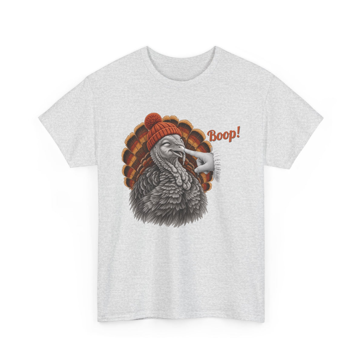 Ash Turkey Boop Thanksgiving t-shirt with a smiling turkey in an orange knit beanie getting a boop on the beak, front view