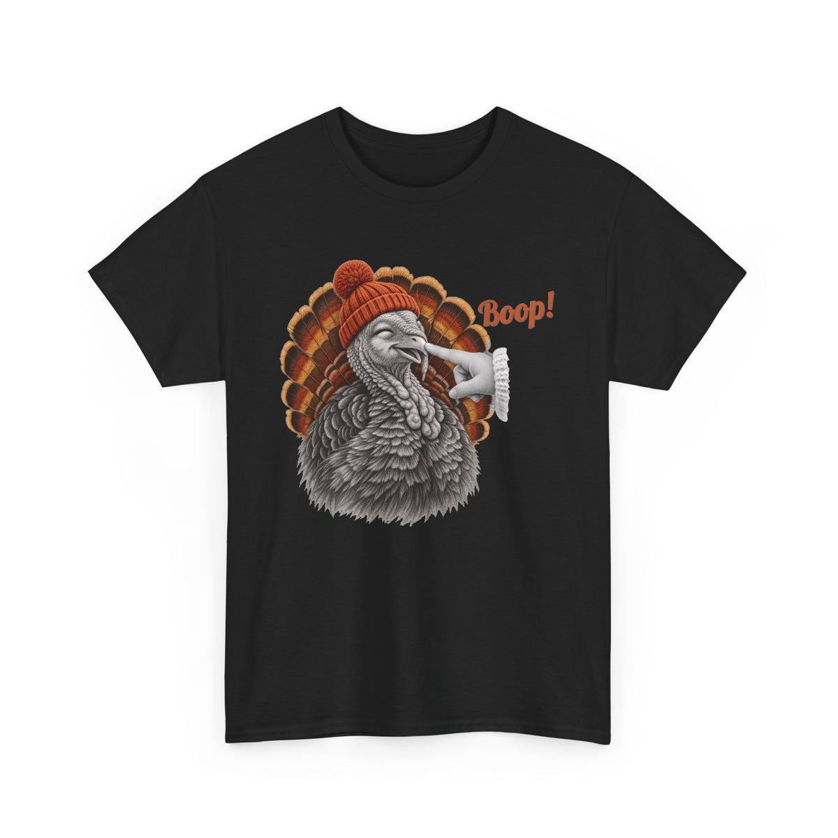 Black Turkey Boop Thanksgiving t-shirt with a smiling turkey in an orange knit beanie getting a boop on the beak, front view