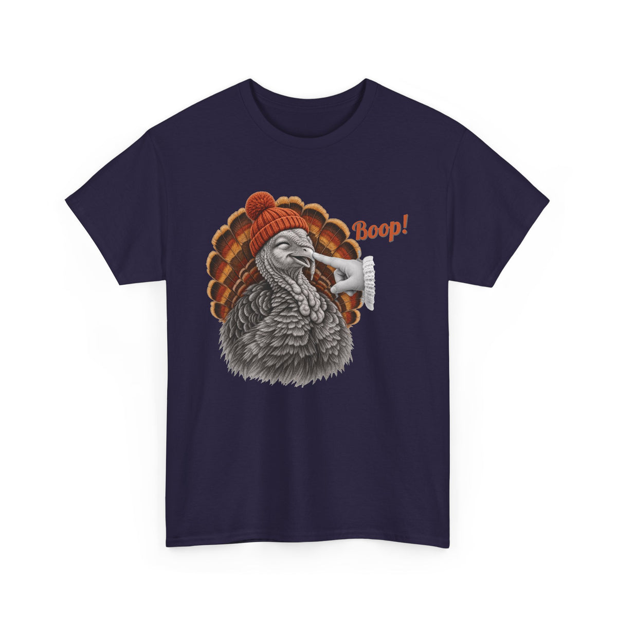 Blackberry Turkey Boop Thanksgiving t-shirt with a smiling turkey in an orange knit beanie getting a boop on the beak, front view