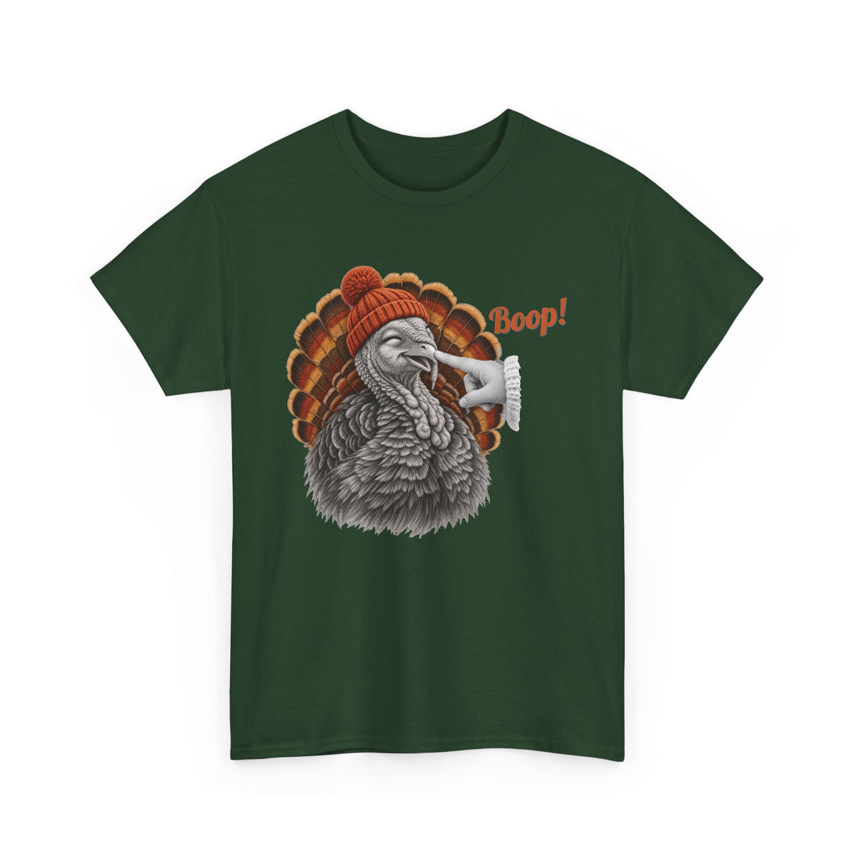 Forest Green Turkey Boop Thanksgiving t-shirt with a smiling turkey in an orange knit beanie getting a boop on the beak, front view