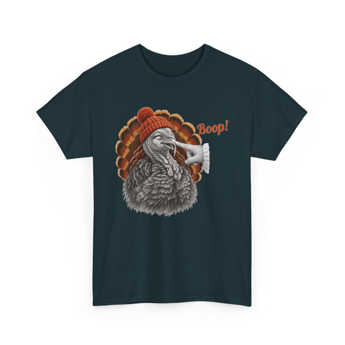 Midnight Turkey Boop Thanksgiving t-shirt with a smiling turkey in an orange knit beanie getting a boop on the beak, front view
