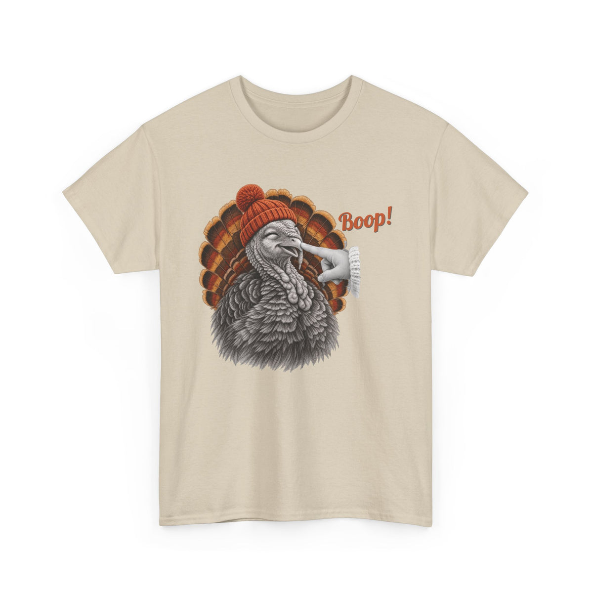 Sand Turkey Boop Thanksgiving t-shirt with a smiling turkey in an orange knit beanie getting a boop on the beak, front view