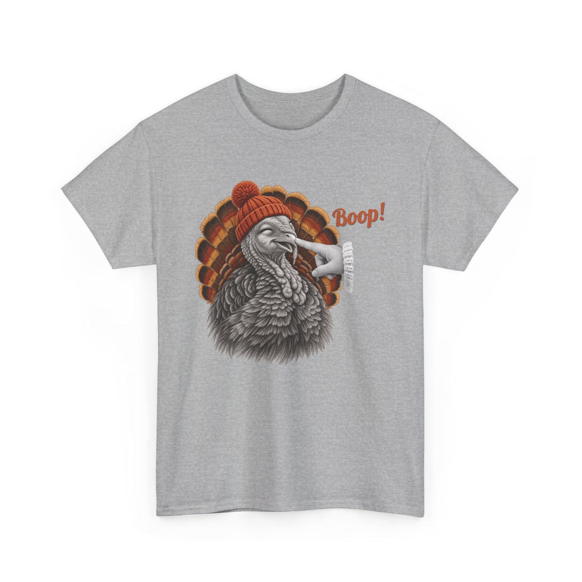 Sport Grey Turkey Boop Thanksgiving t-shirt with a smiling turkey in an orange knit beanie getting a boop on the beak, front view