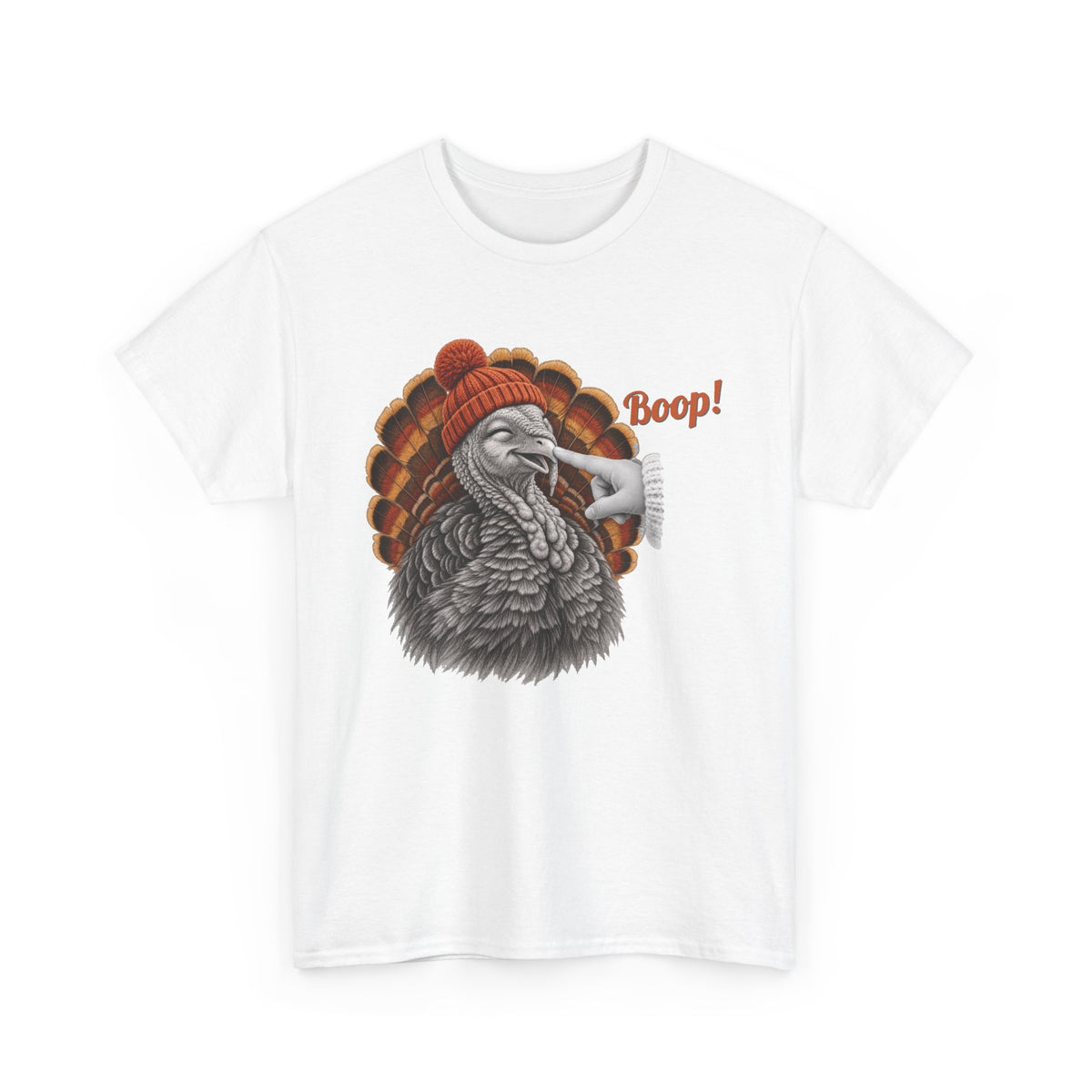 White Turkey Boop Thanksgiving t-shirt with a smiling turkey in an orange knit beanie getting a boop on the beak, front view