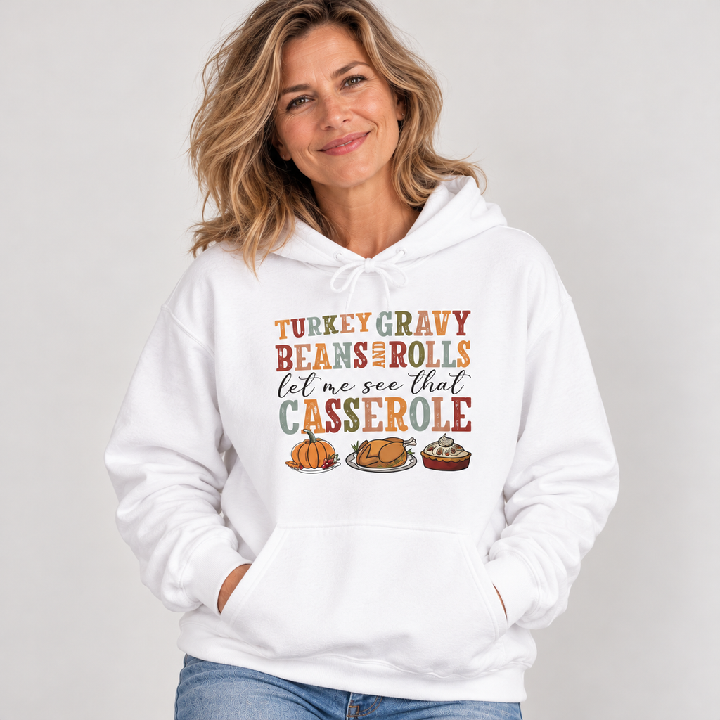 Woman wearing the White Turkey Gravy Beans and Rolls Hoodie with jeans