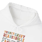 Turkey Gravy Beans and Rolls Hoodie, front collar close-up