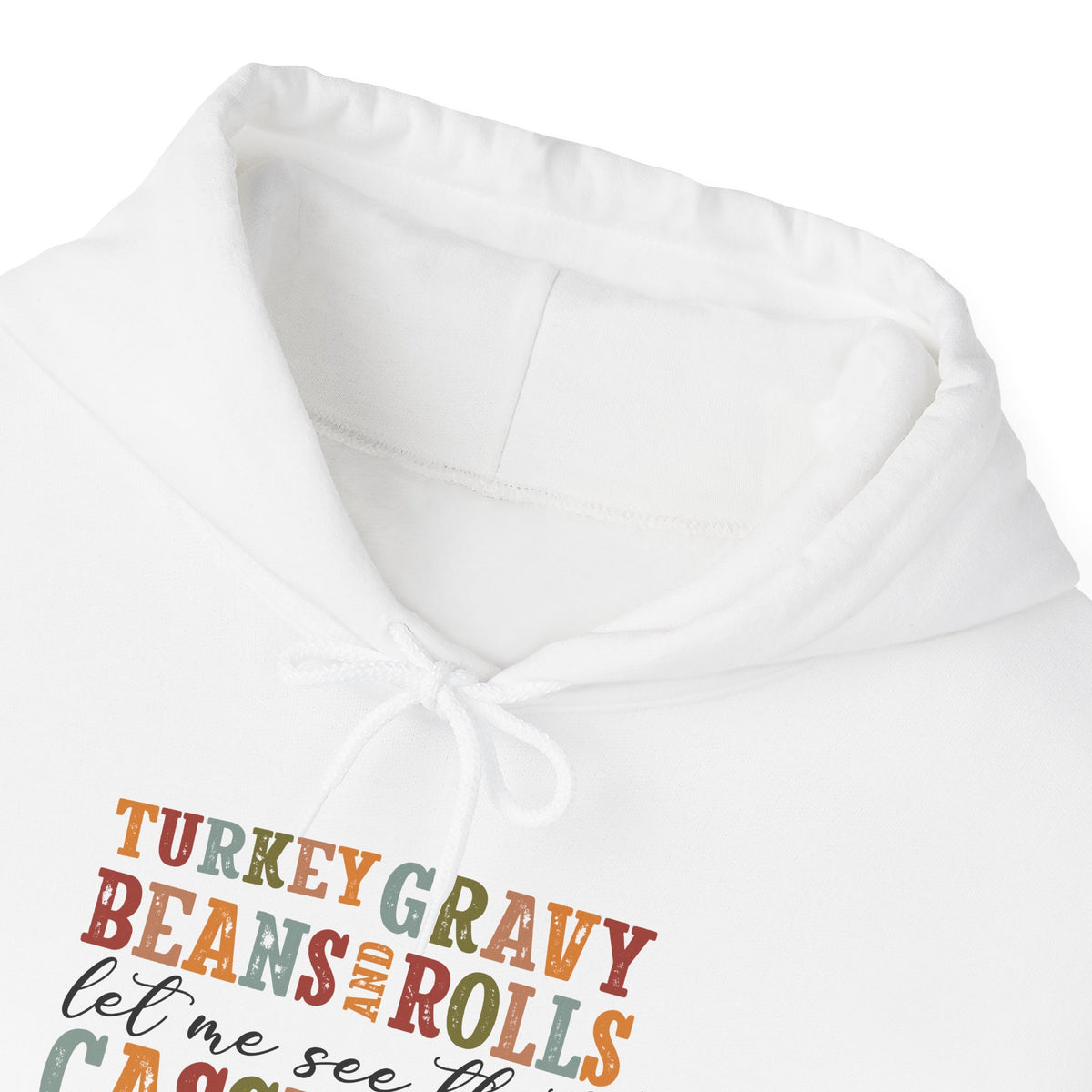 Turkey Gravy Beans and Rolls Hoodie, front collar close-up