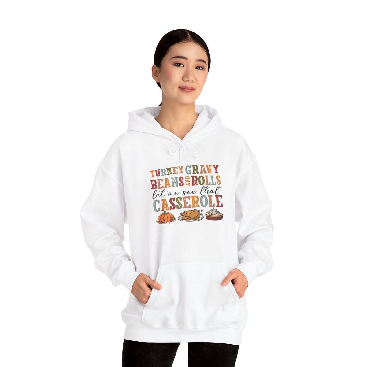 Model wearing the white Turkey Gravy Beans and Rolls Hoodie