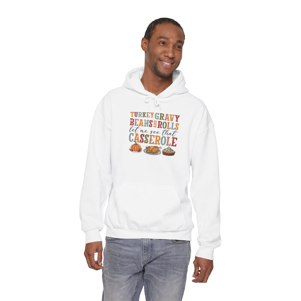 Model wearing the white Turkey Gravy Beans and Rolls Hoodie