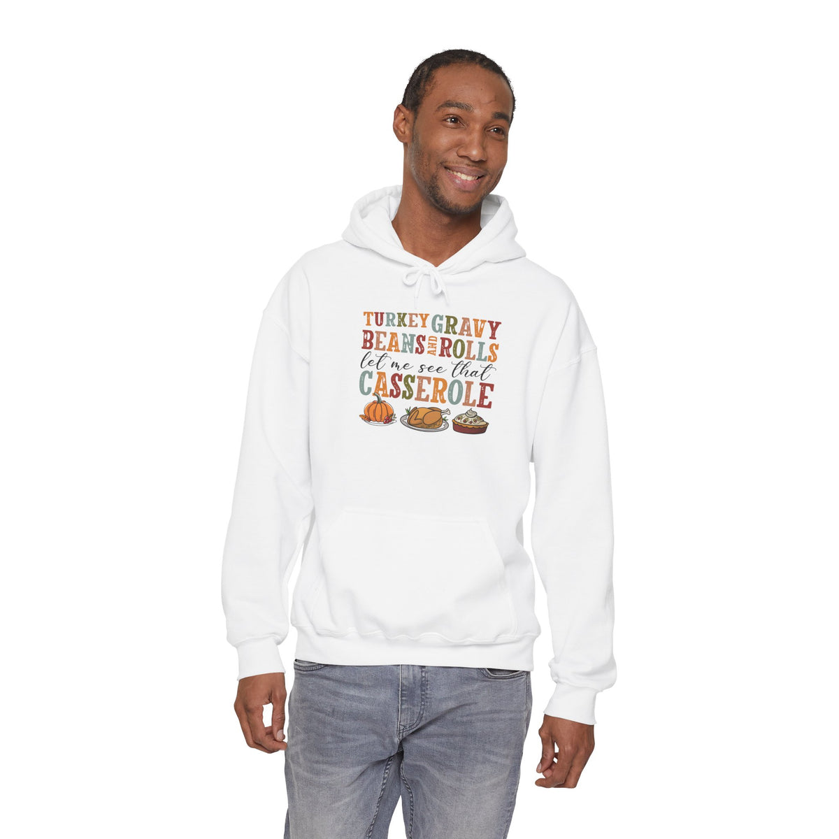 Model wearing the white Turkey Gravy Beans and Rolls Hoodie