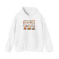White Turkey Gravy Beans and Rolls hoodie with retro Let Me See That Casserole lettering and a Thanksgiving dinner illustration, front view