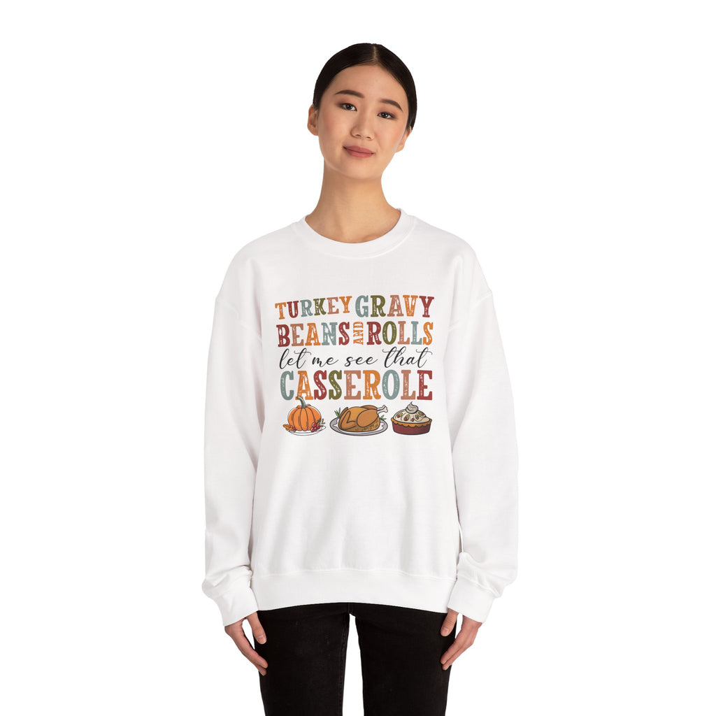 Model wearing the white Turkey Gravy Beans and Rolls Sweatshirt