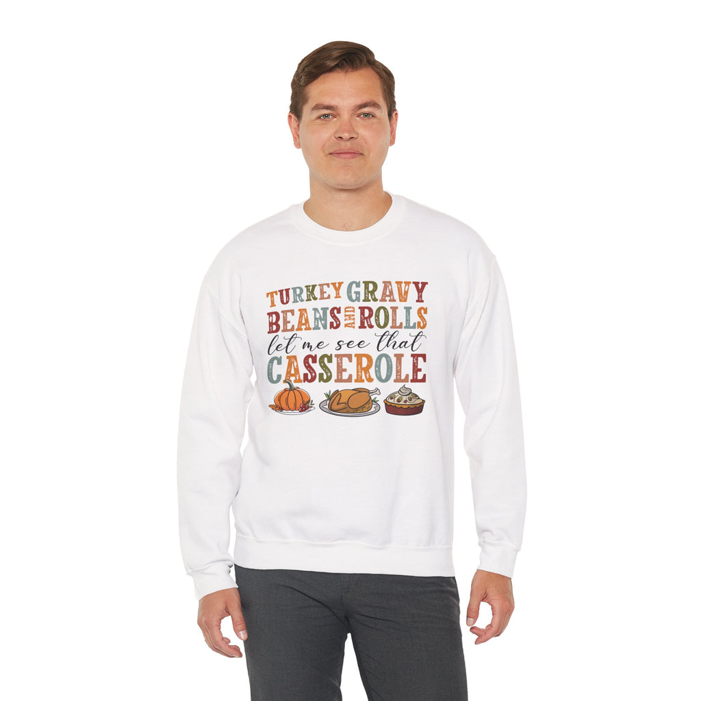 Model wearing the white Turkey Gravy Beans and Rolls Sweatshirt