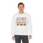 Model wearing the white Turkey Gravy Beans and Rolls Sweatshirt