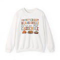 White Turkey Gravy Beans and Rolls sweatshirt with retro Let Me See That Casserole lettering and a Thanksgiving dinner illustration, front view