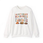 White Turkey Gravy Beans and Rolls sweatshirt with retro Let Me See That Casserole lettering and a Thanksgiving dinner illustration, front view