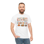 Model wearing the white Turkey Gravy Beans and Rolls T-Shirt
