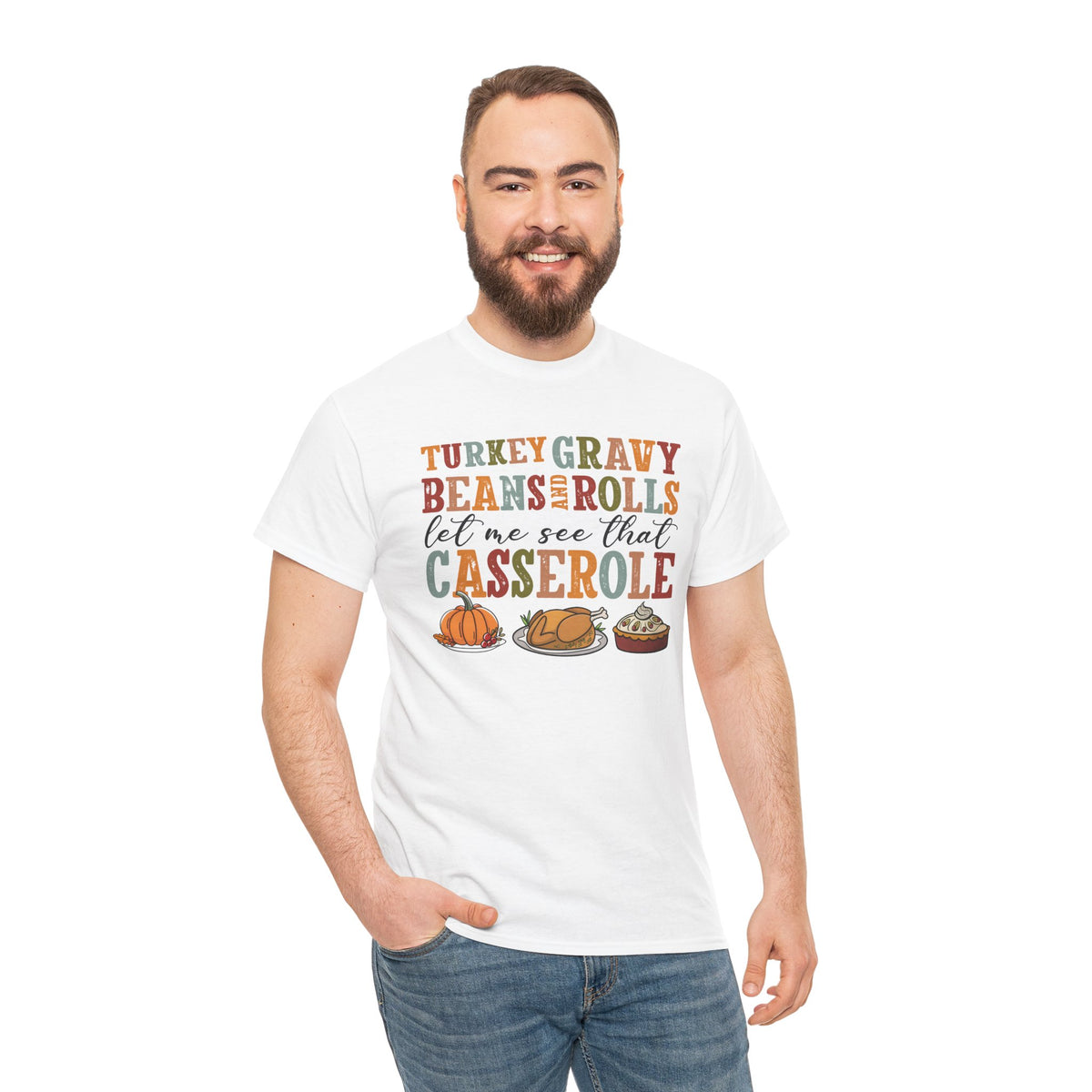 Model wearing the white Turkey Gravy Beans and Rolls T-Shirt