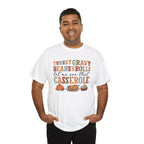 Model wearing the white Turkey Gravy Beans and Rolls T-Shirt