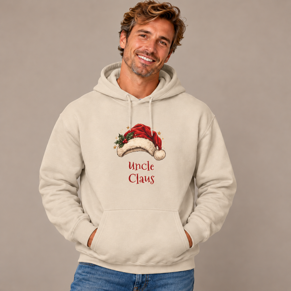 Man wearing the Sand Uncle Claus Hoodie with jeans