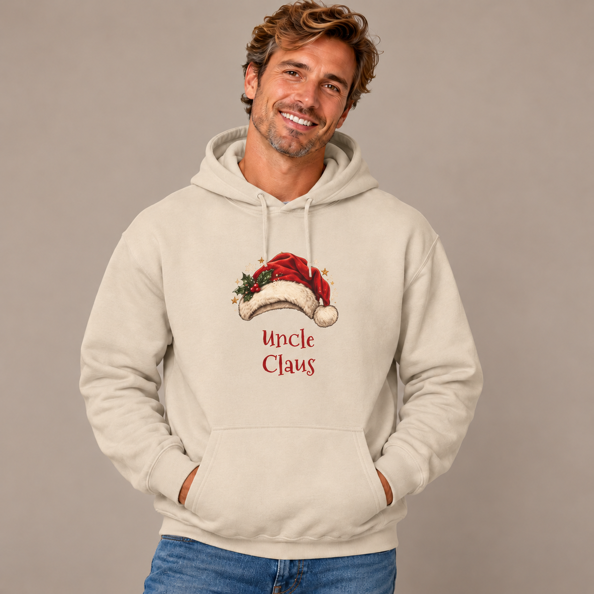 Man wearing the Sand Uncle Claus Hoodie with jeans